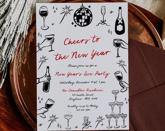 Hand Written NYE Invite Template, Editable Whimsical Cheers to 2025 Invitation, Hand Drawn New Year's Eve Party Invitation Doodles Fun 222-A