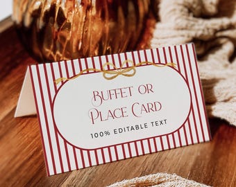 Holiday Place Card, Red Stripe Christmas Buffet Label Template, Editable Food Tent Card, 226-A