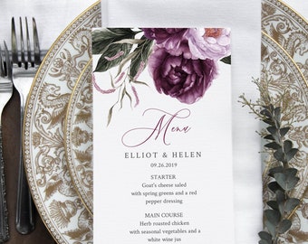 Purple Editable Menu, Plum Lavender Floral Table Wedding Menu, Printable Eggplant Lilac Floral Menu, DIY Template, Instant Download 527-A