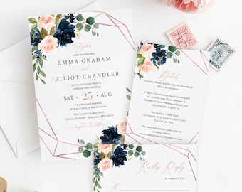 Navy Blush Rose Gold Geometric Editable Wedding Invitation Suite, Floral RSVP Details, Printable Template, Instant Download, Templett, 529-A