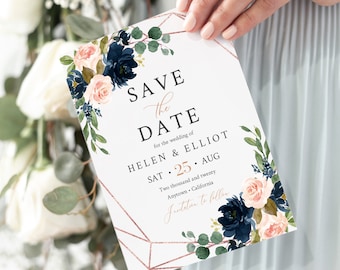 Navy Blush Rose Gold Geometric Editable Save the Date, Printable Save the Date DIY Template, Navy Floral Save Date, Instant Download, 529-A