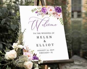 Purple Editable Wedding Welcome Sign, Bridal Shower Sign, Unlimited Custom Signs, 16 x 20 18 x 24 24 x 36, Template Instant Download 530-A