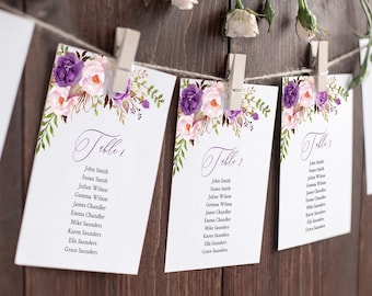 Purple Floral Editable Seating Chart Template, Lavender Boho Hanging Table Cards, Lilac Floral Table Seating Plan, Instant Download, 530-A