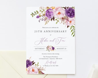 Purple Lilac Floral Editable Anniversary Party Invitation, Lavender Green Anniversary Invite, DIY Template, Instant Download, Templett 530-A