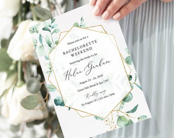 Eucalyptus Geometric Editable Bachelorette Party Invitation, Itinerary, Bachelorette Weekend Printable DIY Template, Instant Download 533-A