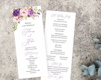 Purple Boho Floral Editable Program, Lavender Lilac Wedding Program, Floral Printable Program, DIY Template, Instant Download Templett 530-A