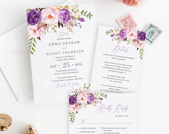 Editable Purple Floral Wedding Invitation Suite, Lavender Lilac Boho RSVP Details Printable Template, Instant Download, Templett, 530-A