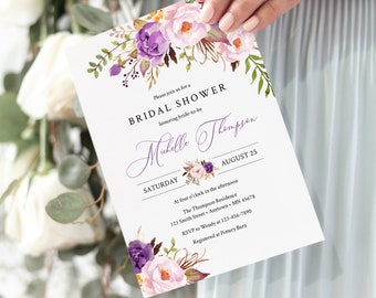 Purple Violet Floral Editable Bridal Shower Invitation, Lavender Shower Invite DIY Template, Printable, Foliage Instant Download, 530-A