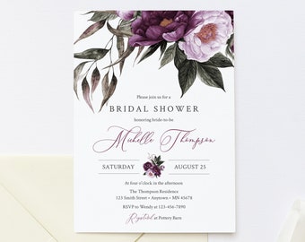 Plum Lilac Floral Editable Bridal Shower Invitation, Purple Lavender Shower Invite DIY Template, Printable, Foliage Instant Download, 527-A