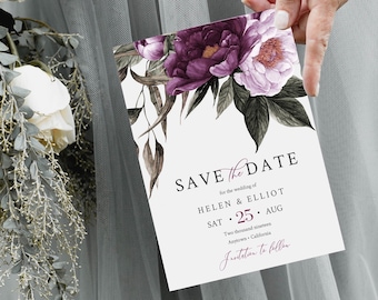 Plum Lavender Floral Editable Save the Date, Purple Printable Save the Date DIY Template, Lilac Greenery Save Date, Instant Download, 527-A