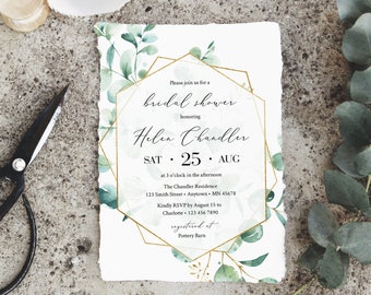 Eucalyptus Geometric Editable Bridal Shower Invitation, Greenery Gold Shower Invite DIY Template, Printable, Foliage Instant Download, 533-A