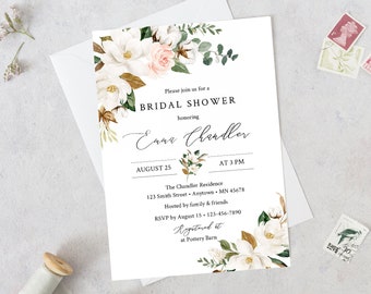 Magnolia Editable Bridal Shower Invitation, White Blush Floral Shower Invite DIY Template, Southern Cotton, Printable Instant Download 524-A