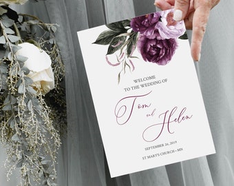 Purple Lavender Floral Booklet Program, Foldable Wedding Program, Plum Lilac Editable Printable Program, DIY Template Instant Download 527-A