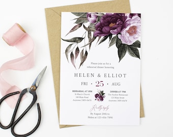 Purple Lavender Floral Editable Rehearsal Dinner Invitation, Plum Lilac Rehearsal Invite DIY Template, Printable, Instant Download, 527-A