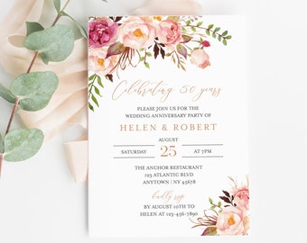 Pink Rose Gold Floral Editable Anniversary Party Invitation, Boho 25th 30th 40th 50th Anniversary Invite DIY Template Instant Download 516-A