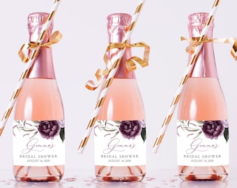 Purple Floral Editable Mini Champagne Bottle Labels, Plum Lavender Mini Wine Bottle Label, DIY Template, Printable, Instant Download 527-A