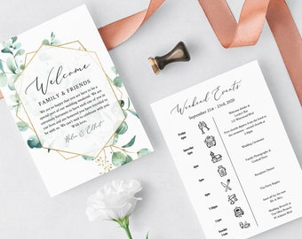 Eucalyptus Geometric Editable Welcome Bag Letter Itinerary, Green Wedding Timeline Printable Order of Events Template Instant Download 533-A