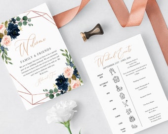 Navy Blush Rose Gold Geometric Editable Welcome Bag Letter Itinerary, Timeline Printable, Order of Events Template, Instant Download, 529-A