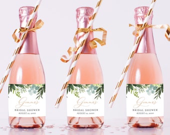 Greenery Rose Gold Editable Mini Champagne Bottle Labels, Eucalyptus Mini Wine Bottle Label, DIY Template, Printable, Instant Download 528-A