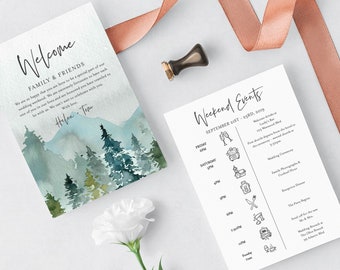 Woodland Mountains Editable Welcome Bag Letter Itinerary, Rustic Wedding Timeline, Printable Order of Events Template Instant Download 531-A