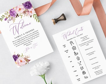 Purple Editable Welcome Bag Letter Itinerary, Violet Lilac Floral Wedding Timeline Printable Order of Events Template Instant Download 530-A