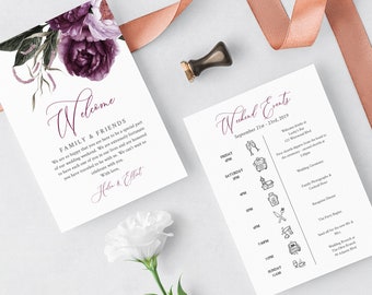 Purple Editable Welcome Bag Letter Itinerary, Plum Lilac Floral Wedding Timeline, Printable Order of Events, Template Instant Download 527-A