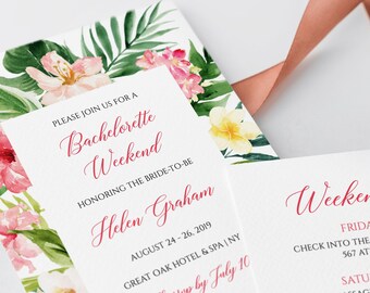 Tropical Pink Floral Editable Bachelorette Party Invitation, Itinerary, Bachelorette Weekend Printable DIY Template Instant Download 508-A