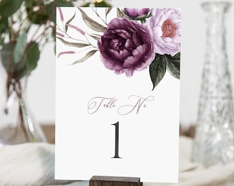 Purple Lavender Floral Editable Table Numbers, Printable Table Numbers, Plum Lilac Table Number DIY Template Instant Download Templett 527-A