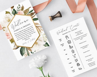 Magnolia Editable Welcome Bag Letter Itinerary, White Floral Wedding Timeline, Printable Order of Events, Template, Instant Download 524-A