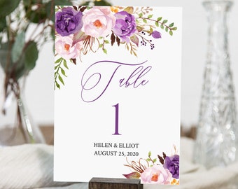 Purple Boho Editable Table Numbers, Printable Purple Lilac Floral Table Numbers, Table Number DIY Template, Instant Download, Templett 530-A