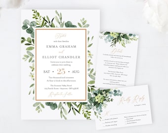 Greenery Rose Gold Editable Wedding Invitation Suite, Foliage Frame, RSVP Details, Botanical Printable Template, Instant Download, 528-A