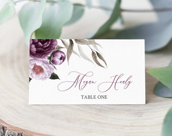 Plum Seating Cards, Lavender Floral Name Card, Purple Floral Editable Place Cards, Lilac Peony Place Card Template Printable Name Card 527-A