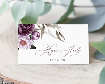 Plum Seating Cards, Lavender Floral Name Card, Purple Floral Editable Place Cards, Lilac Peony Place Card Template Printable Name Card 527-A