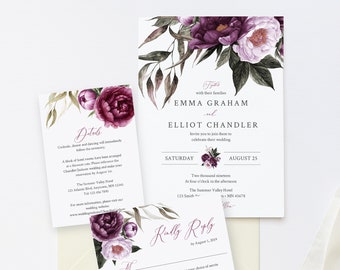 Editable Purple Floral Wedding Invitation Suite, Plum Lavender Floral RSVP Details, Lilac Printable Template Instant Download Templett 527-A