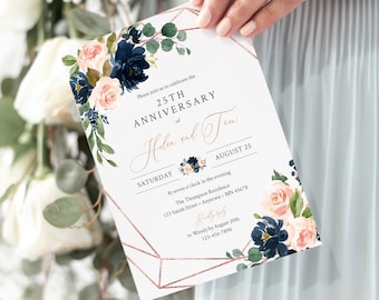 Blush Navy Rose Gold Floral Editable Anniversary Party Invitation, Geometric Anniversary Invite, Template, Instant Download, Templett 529-A