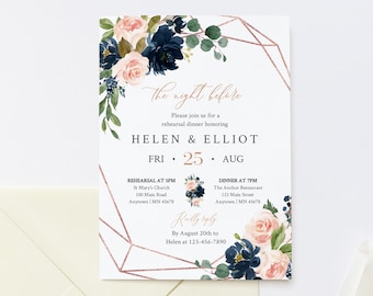 Navy Pink Rose Gold Geometric Editable Rehearsal Dinner Invitation, Floral Rehearsal Invite DIY Template, Printable, Instant Download, 529-A