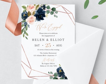 Navy Blush Rose Gold Geometric Editable Engagement Party Invitation, Pink Engagement Invite DIY Template, Instant Download, Templett, 529-A