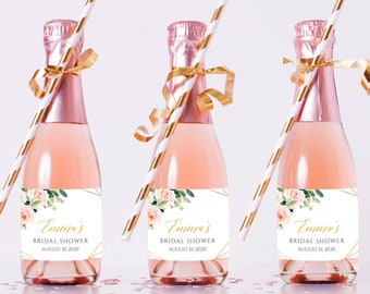Blush Gold Geometric Editable Mini Champagne Bottle Labels, Pink Mini Wine Bottle Label, DIY Template, Printable, Instant Download 503-A
