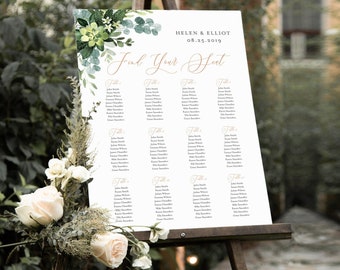 Greenery Rose Gold Editable Table Plan, Eucalyptus Leaves Printable Seating Chart, 18 x 24 24 x 36, A1 A2, Template, Instant Download, 528-A