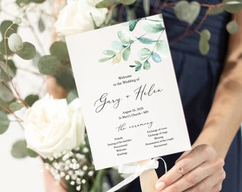 Botanical Wedding Program, Eucalyptus Fan Program, Greenery Fan Program, Printable Fan Program, Boho Program Editable Program Template 533-A