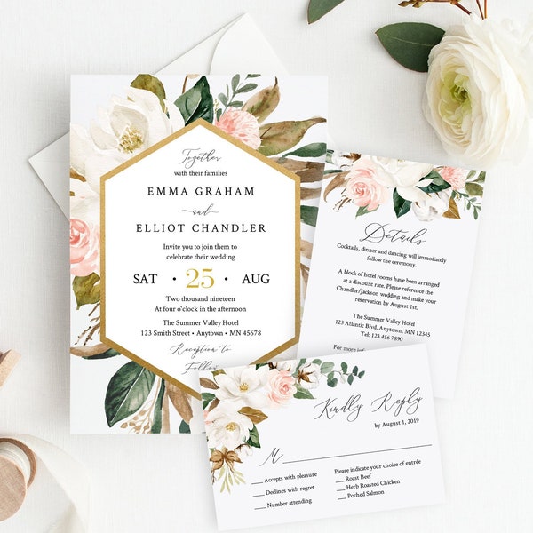 Magnolia Pink Floral Editable Wedding Invitation Suite, Greenery Cotton RSVP Details Printable Template, Instant Download, Templett 524-A