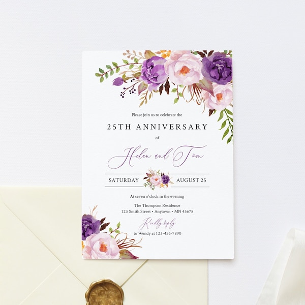 Purple Lilac Floral Editable Anniversary Party Invitation, Lavender Green Anniversary Invite, DIY Template, Instant Download, Templett 530-A