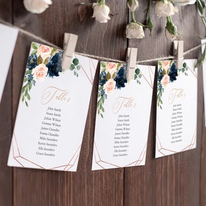 Navy Rose Gold geometrische bewerkbare zitplaatsen grafiek sjabloon, Blush Pink Boho hangende tafelkaarten, tafel zitplaatsen plan, Instant Download, 529-A