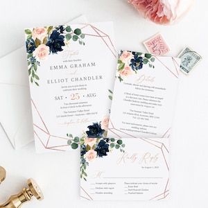 Navy Blush Rose Gold Geometric Editable Wedding Invitation Suite, Floral RSVP Details, Printable Template, Instant Download, Templett, 529-A