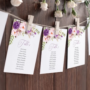 Modèle de tableau de sièges modifiable floral violet, cartes de table suspendues Boho lavande, plan de sièges de table floral lilas, téléchargement immédiat, 530-A