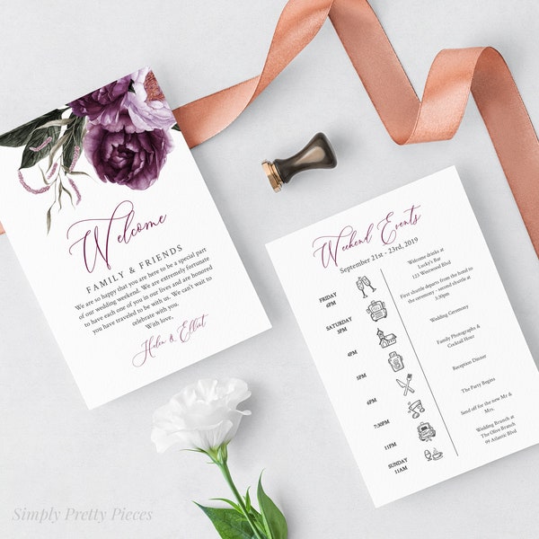 Purple Editable Welcome Bag Letter Itinerary, Plum Lilac Floral Wedding Timeline, Printable Order of Events, Template Instant Download 527-A