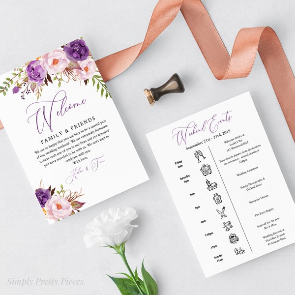 Purple Editable Welcome Bag Letter Itinerary, Violet Lilac Floral Wedding Timeline Printable Order of Events Template Instant Download 530-A