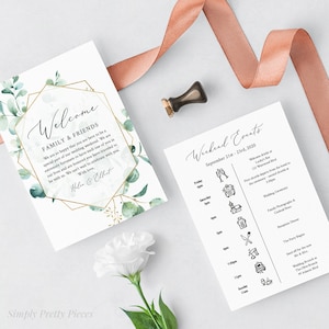 Eucalyptus Geometric Editable Welcome Bag Letter Itinerary, Green Wedding Timeline Printable Order of Events Template Instant Download 533-A