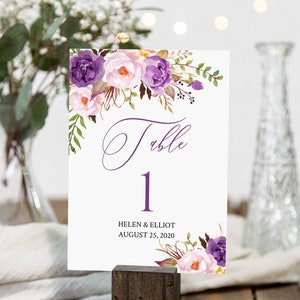 Números de mesa editables de Boho púrpura, números de mesa florales lila púrpura imprimibles, plantilla de bricolaje de número de tabla, descarga instantánea, Templett 530-A