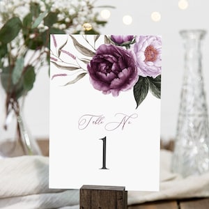 Números de mesa editables florales de lavanda púrpura, números de mesa imprimibles, plantilla de bricolaje de número de mesa lila ciruela descarga instantánea Templett 527-A